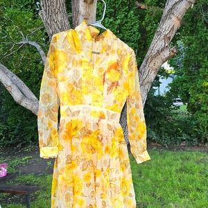 Scary REAL Antique Floral Yellow Long-Sleeve Dress Vintage DRESS For HALLOWEEN